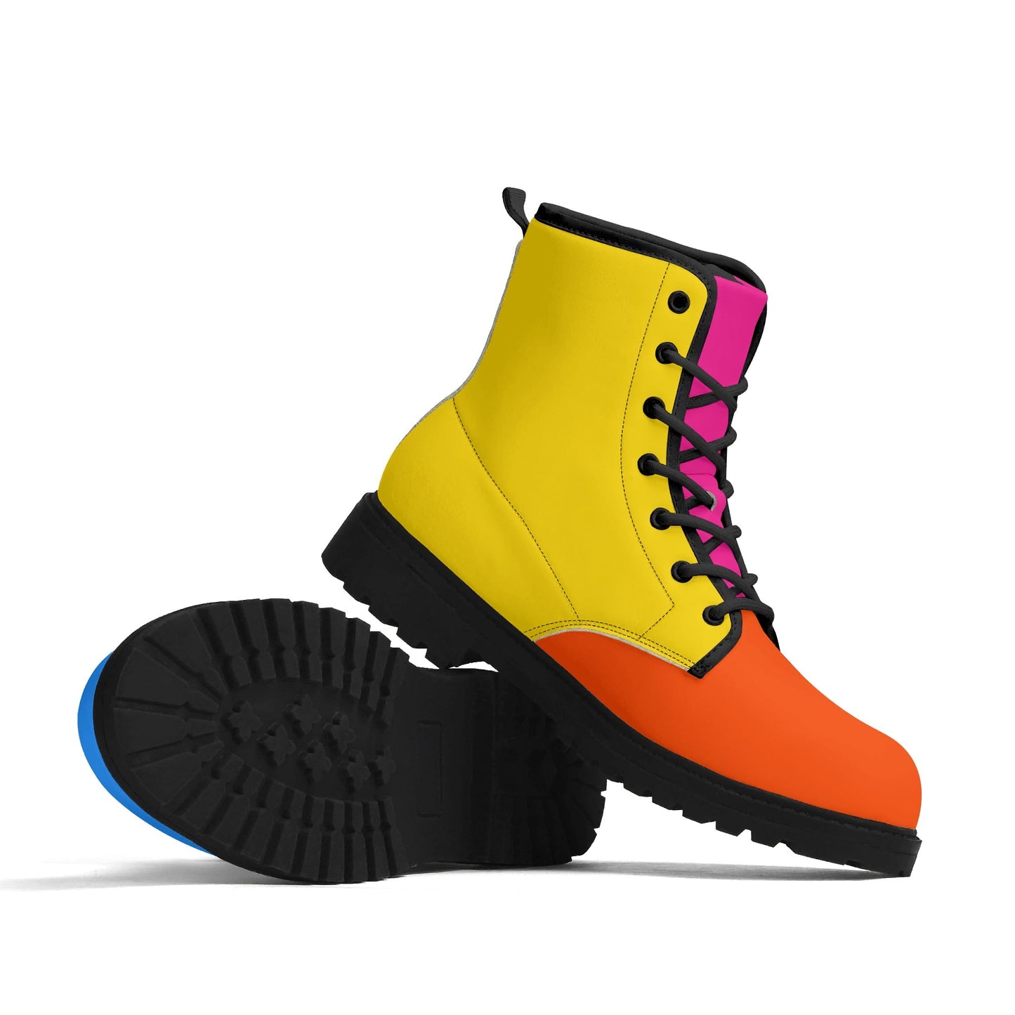 Treadz Men's Mismatch Signature Boots - Flare featuring vibrant color-blocked design with yellow upper shaft and orange toe cap, black rubber sole, pink accents on lacing system, and blue trim detail. Side view showing lace-up combat boot style with contrasting colors.