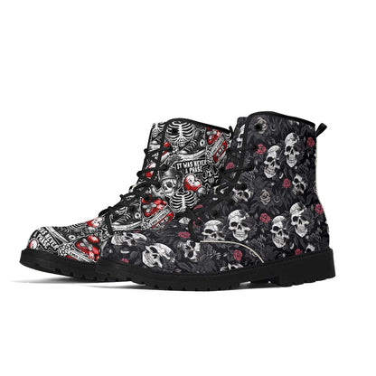 Emo Goth Mismatched Combat Boots featuring contrasting designs - left boot with skeleton and banner artwork, right boot with skull and roses pattern in black, white, and red. Combat-style boots with lace-up front, rubber soles, and punk-inspired aesthetic.