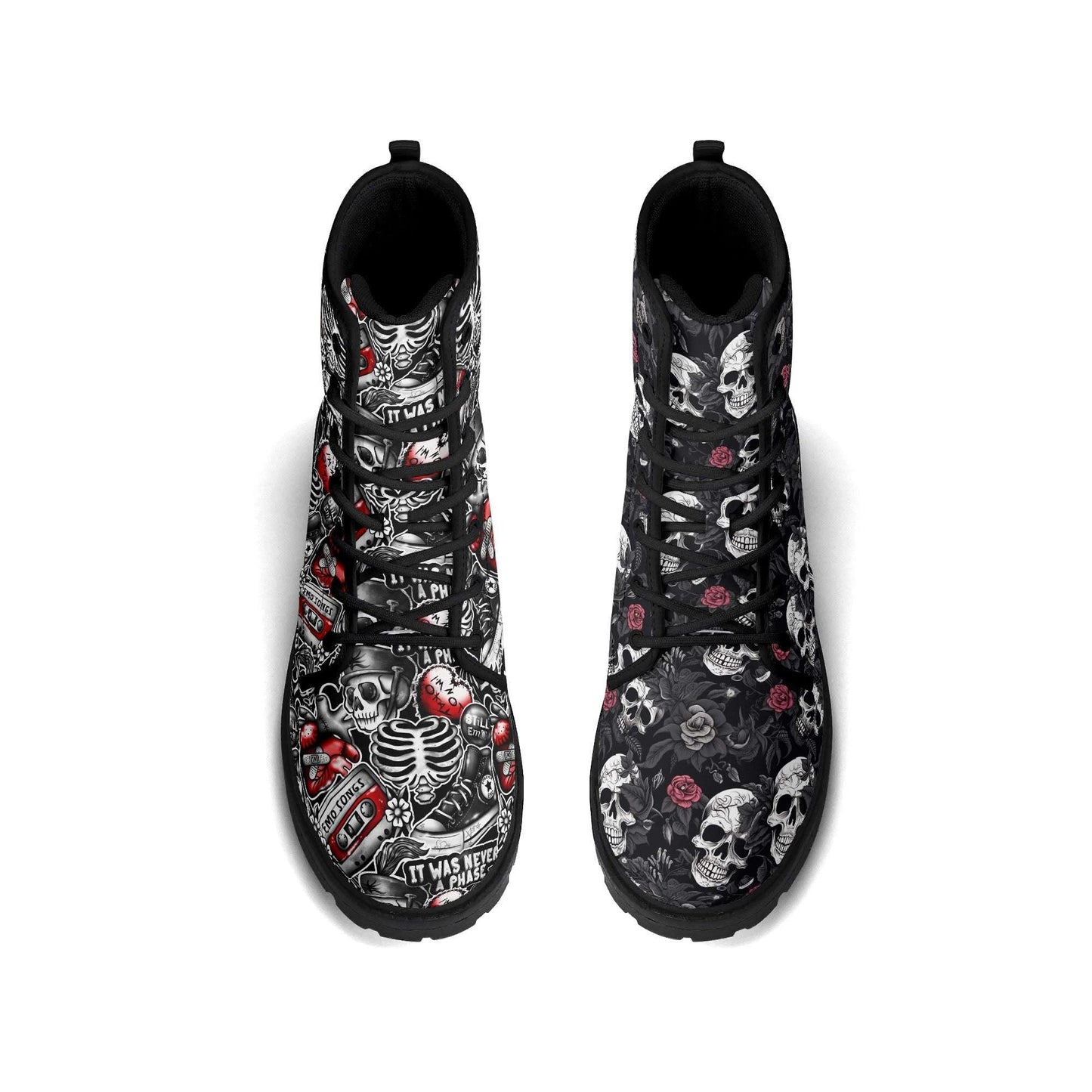 Emo Goth Mismatched Combat Boots featuring contrasting designs - one boot with skeleton and roses pattern, the other with skull print against black background. Combat-style ankle boots with lace-up front, rubber soles, and punk-inspired gothic artwork. From ShitHot Best Sellers collection.