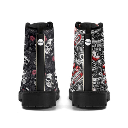 Emo Goth Mismatched Combat Boots featuring contrasting designs - left boot with skull and roses pattern in black and red, right boot with edgy skeleton text art. Both boots have black platforms, chunky soles, and distinctive gothic aesthetic. ShitHot Best Sellers Collection.