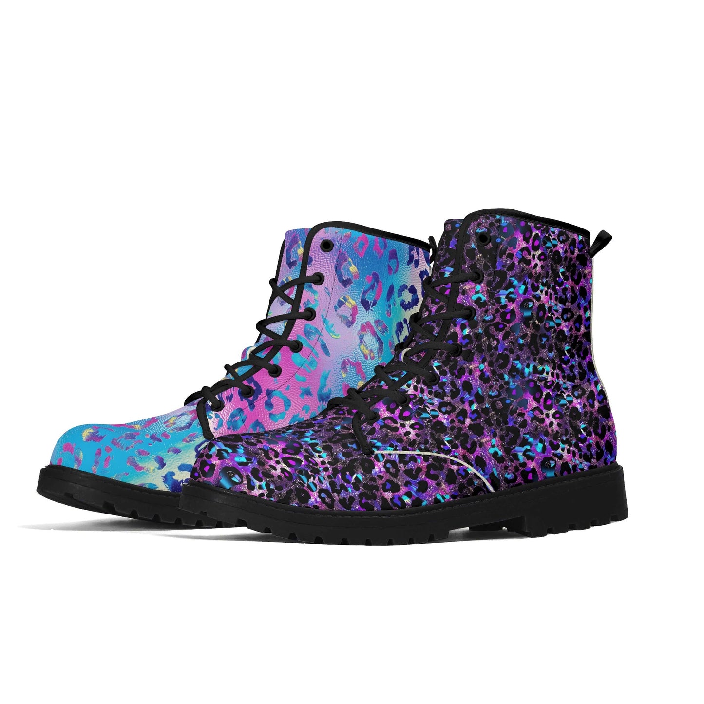 Galaxy Leopard Mismatched Combat Boots featuring vibrant split design - left boot in turquoise and pink leopard print, right boot in purple and black cosmic leopard pattern. Eco-friendly vegan leather combat boots with black laces and soles. From ShitHot Best Sellers, Women's Boot Collection, Women's Mismatched Boots.