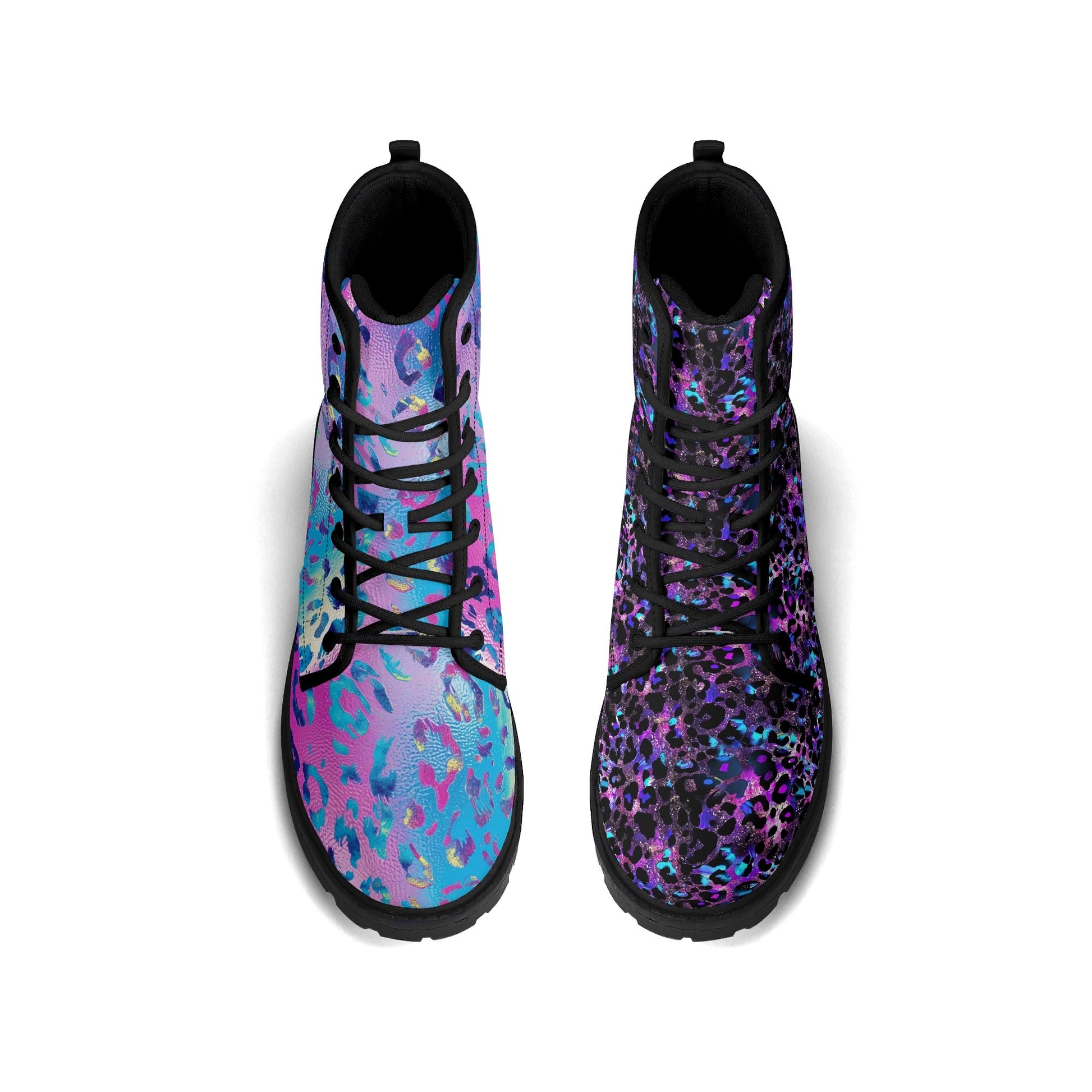 Galaxy Leopard Mismatched Combat Boots featuring contrasting designs: left boot in bright blue and pink leopard print, right boot in dark purple and black cosmic pattern. Both boots have black laces, trim and chunky combat soles. From ShitHot Best Sellers, Women's Boot Collection, Women's Mismatched Boots.