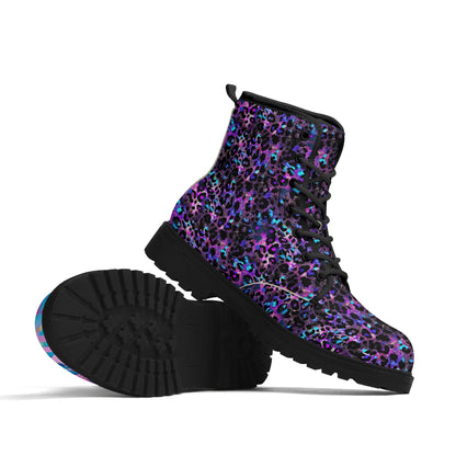 Galaxy Leopard Mismatched Combat Boots featuring cosmic-inspired leopard print in vibrant purple, blue, and black on vegan leather. Combat-style ankle boots with black rubber soles, lace-up front, and eco-friendly construction. ShitHot Best Sellers, Women's Boot Collection, Women's Mismatched Boots.