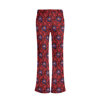 Gothic Sun Flare Pants featuring red and blue mystical sun pattern design, wide-leg silhouette with front pockets. Mid-rise waist pants with all-over printed occult motif in vibrant colors, perfect for casual gothic style.