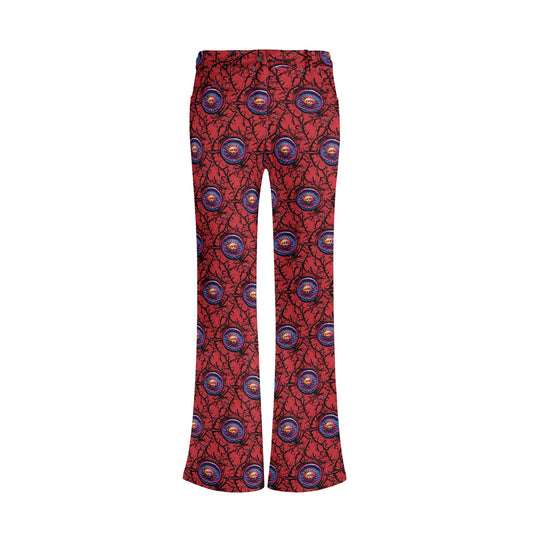 Gothic Sun Flare Pants featuring red and blue mystical sun pattern design, wide-leg silhouette with front pockets. Mid-rise waist pants with all-over printed occult motif in vibrant colors, perfect for casual gothic style.