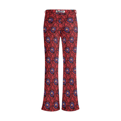 Gothic Sun Flare Pants featuring vibrant red fabric with repeating dark blue celestial medallion pattern. Mid-rise waist design with flared legs and front pockets. Perfect for casual and festival wear.