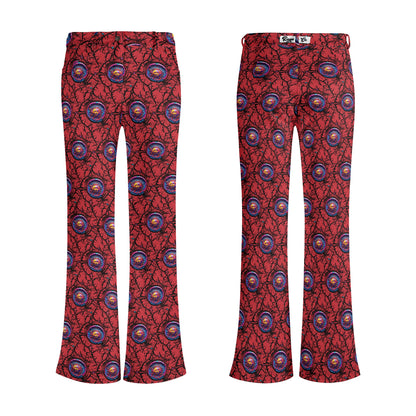 Gothic Sun Flare Pants featuring vibrant red background with repeating blue circular sun motifs and intricate black line patterns, showcasing a flattering flared silhouette with comfortable mid-rise waist and two front pockets.