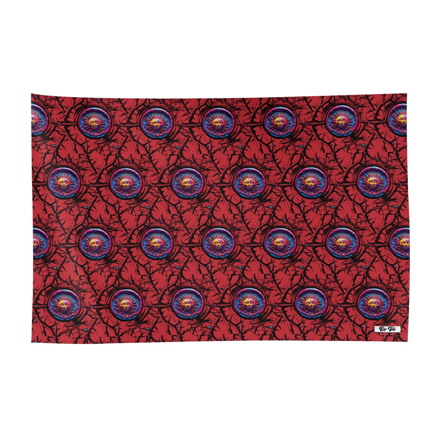 Womens Sarong - Luna Anarchy RED featuring vibrant red background with repeating blue circular patterns and intricate black vine designs. Lightweight beach cover-up sarong with versatile styling options. ShitHot Best Sellers, Wrap Sarong Collection.