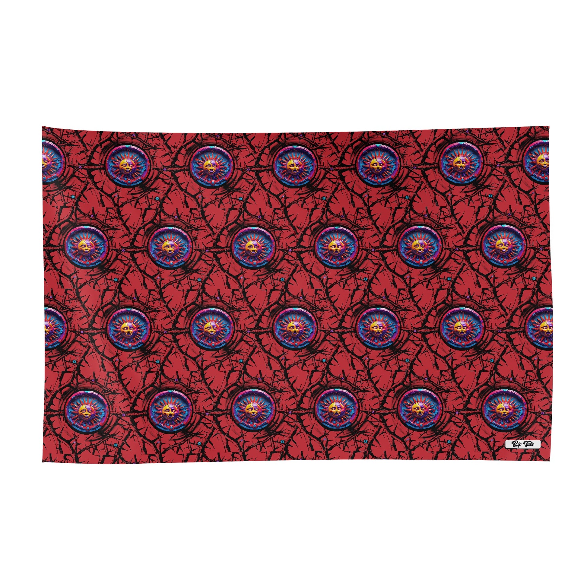 Womens Sarong - Luna Anarchy RED featuring vibrant red background with repeating blue circular patterns and intricate black vine designs. Lightweight beach cover-up sarong with versatile styling options. ShitHot Best Sellers, Wrap Sarong Collection.