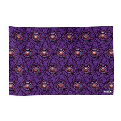 Womens Sarong - Luna Anarchy PURPLE featuring a vibrant purple background with repeating circular logo emblems surrounded by intricate black branch patterns. Large rectangular beach cover-up displaying an all-over print design - Wrap Sarong Collection