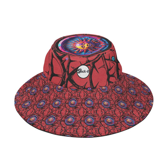 Lunar Anarchy bucket hat featuring vibrant red fabric with purple circular pattern design and psychedelic sun emblem on crown. Wide-brimmed style with repeating geometric motifs for sun protection and stylish outdoor wear.