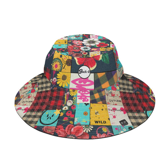 Patched Punk Bucket Hat featuring a vibrant patchwork design with floral prints, plaid patterns, and playful graphics in red, yellow, turquoise, and pink. Wide-brimmed sun protection hat with mixed fabric patches and retro-punk aesthetic. Men's Hats Collection, Women's Hat Collection.