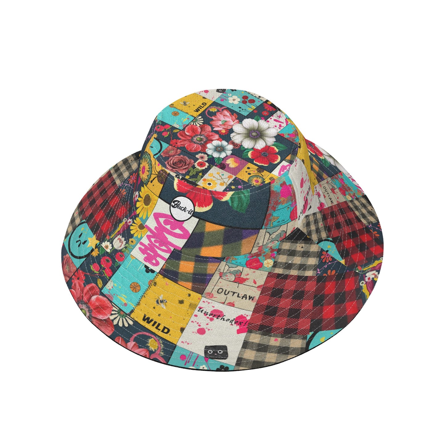 Patched Punk Bucket Hat featuring a vibrant patchwork design with floral prints, plaid patterns, and text graphics in red, yellow, turquoise, and pink colors. Perfect for outdoor activities and casual wear. Mens Hats Collection, Womens Hat Collection.