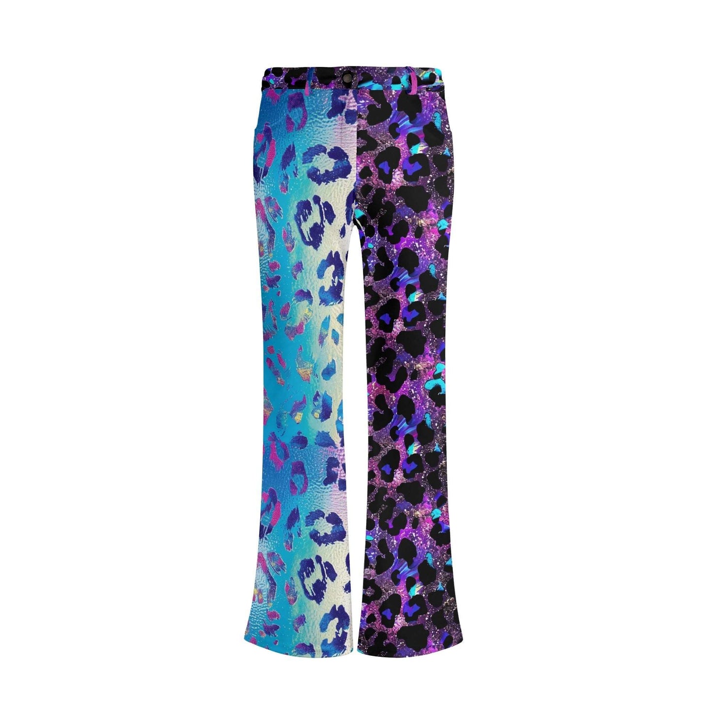 Stylish womens flare pants featuring contrasting mismatched leopard print design in vibrant blue and purple tones. High-waisted, stretchy fit with two front pockets - Womens Flares - Mismatched Leopard