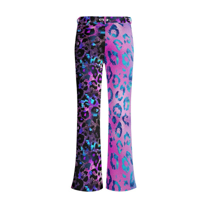 Stylish women's flare pants featuring contrasting leopard prints in vibrant pink, blue, and purple colors, with a high waist design and comfortable stretch fit - Womens Flares - Mismatched Leopard, Flared Pants - Mismatched