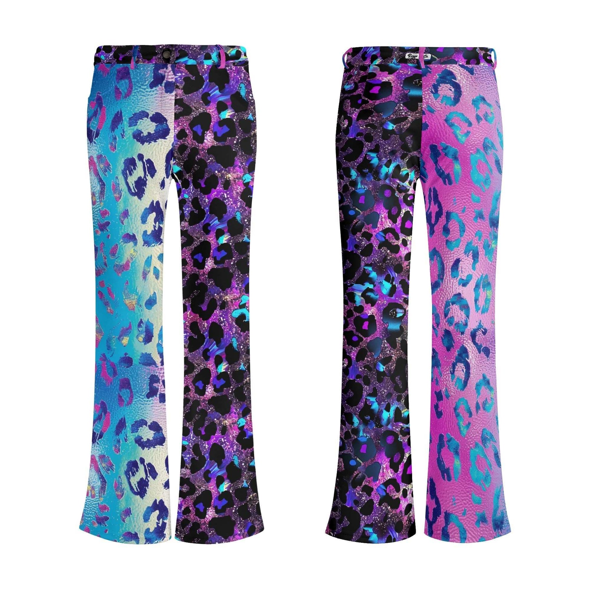 Stylish mismatched leopard print flare pants featuring vibrant blue and pink gradient design with contrasting patterns on each leg. High-waisted, stretchy fit with tummy control and front pockets - Womens Flares - Mismatched Leopard.