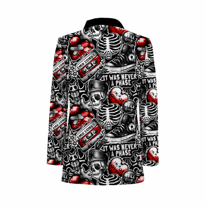 Rogue & Co. Men's Casual Blazer- Emo Vibes featuring edgy black, white, and red pattern with skeletons, cassette tapes, and emo-inspired graphics. Stylish and unique sportscoat for casual and semi-formal occasions.