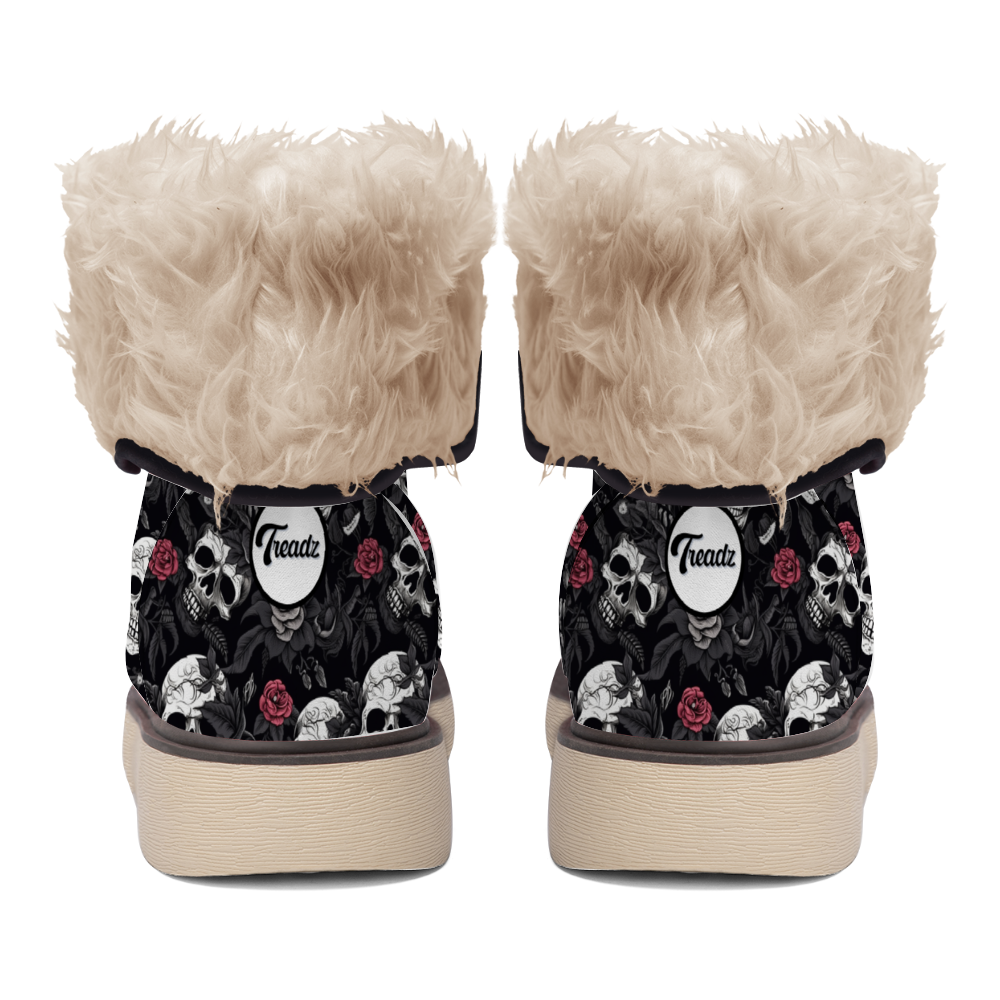 "Bold Treadz Winter Boots - Skull Rebel by ShitHot showcase striking skull and rose designs, ideal for edgy winter style."