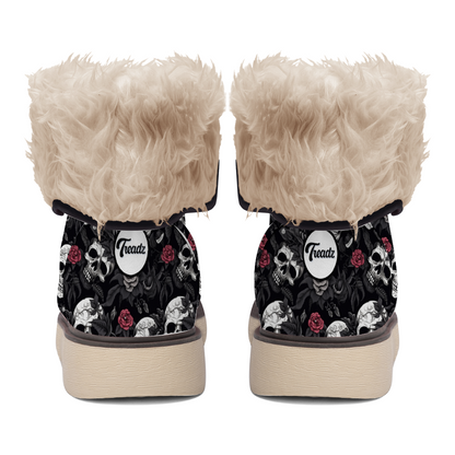 "Bold Treadz Winter Boots - Skull Rebel by ShitHot showcase striking skull and rose designs, ideal for edgy winter style."