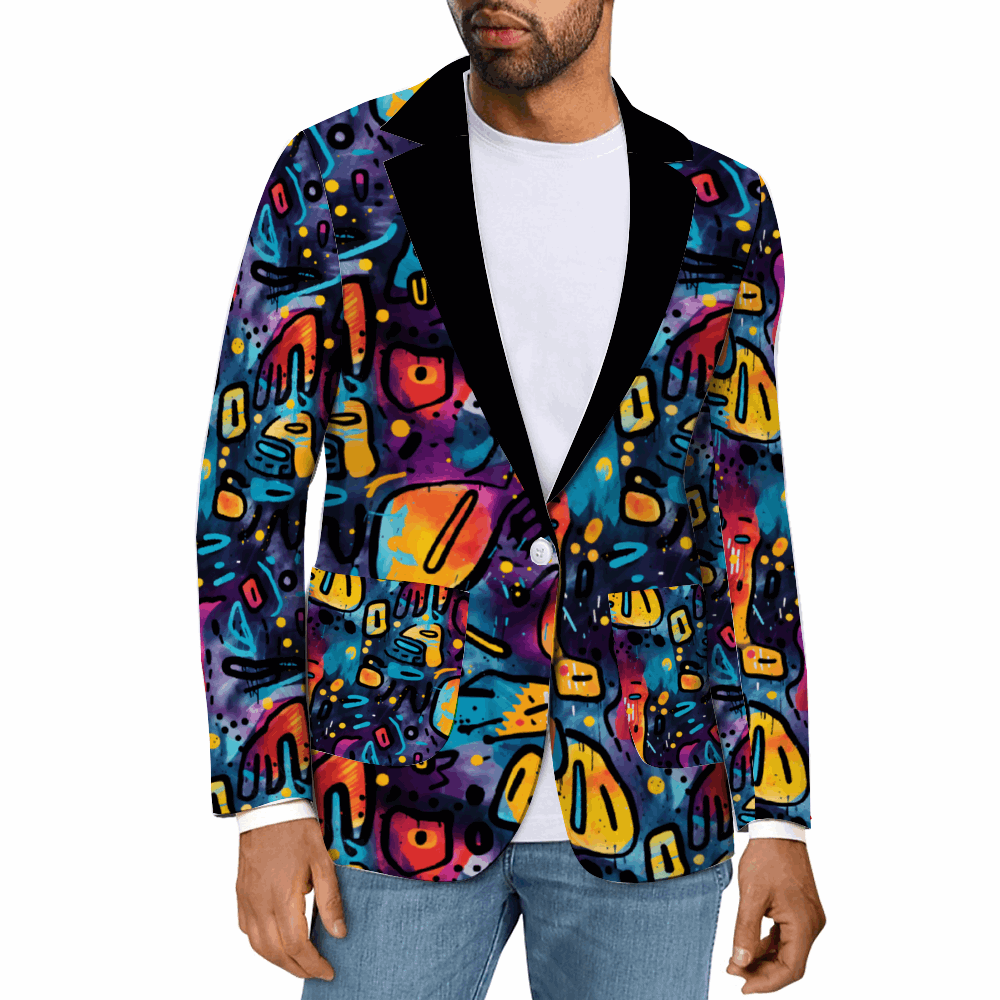 Rogue & Co. Men's Casual Blazer in black featuring vibrant grunge-inspired abstract pattern with colorful geometric shapes in blue, orange, yellow, and purple on a black background, styled with white t-shirt and blue jeans