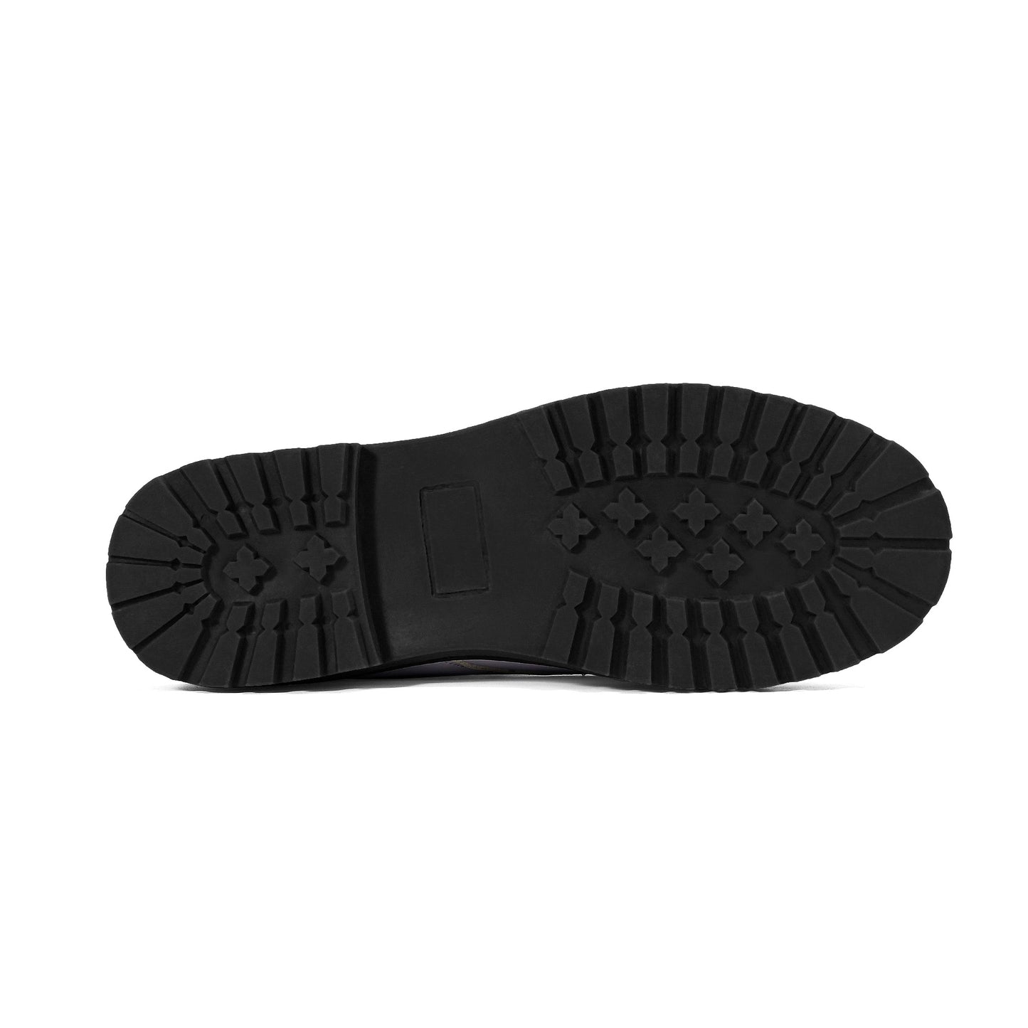 Heavy-duty black rubber sole of Treadz Men's Mismatch Signature Boots - Flare, featuring deep tread pattern with aggressive lugs for superior grip and traction, viewed from underneath showing durable all-terrain design