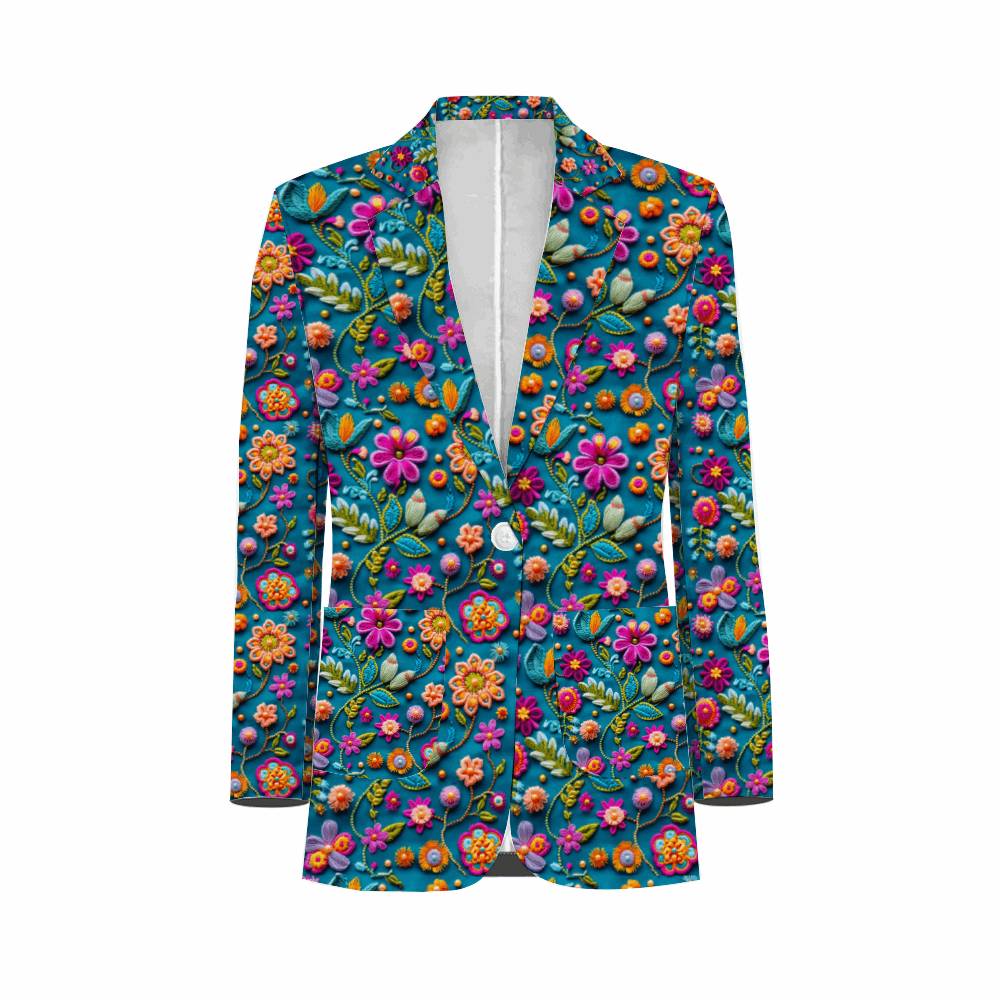 Rogue & Co. Men's Casual Blazer- Petal Pop featuring vibrant floral print on teal background. Colorful embroidered-style flowers and leaves create a bold, eye-catching pattern. Single-button closure, notched lapels, and tailored fit for versatile styling.