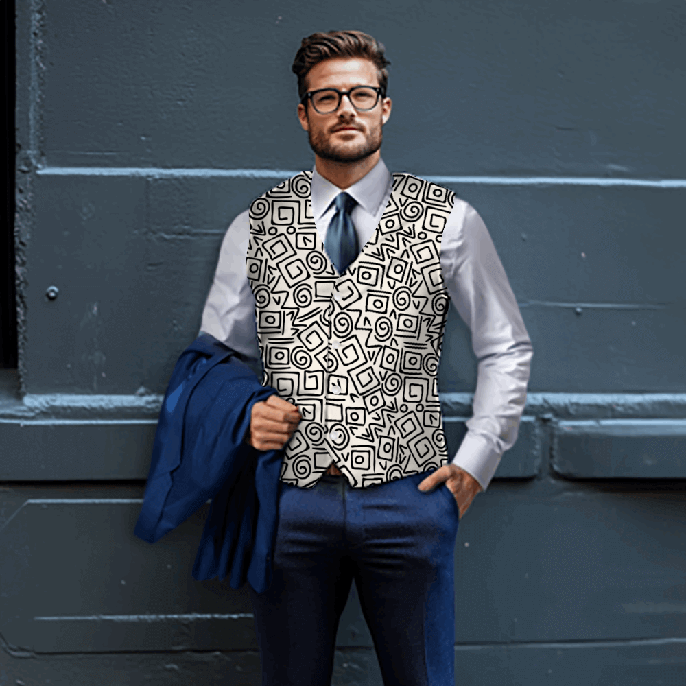 Eye-catching men's waistcoat with a unique abstract print, ideal for dressing up or down while keeping cool in summer. Theshithotcompany