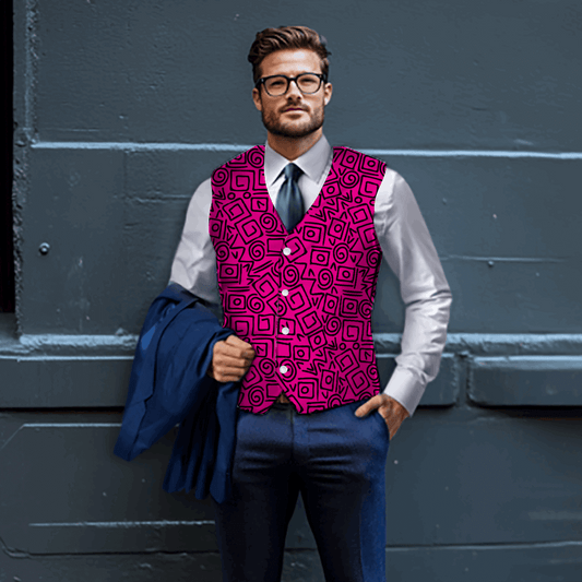 Stylish man wearing a Rogue & Co Woven Fabric Vest in vibrant pink abstract design, perfect for making a statement.