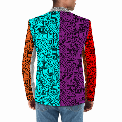 Rogue & Co. Men's Casual Blazer- Abstract Fugly featuring vibrant multicolored geometric pattern with squares and swirls, showcasing back view of blazer worn over jeans for stylish casual look