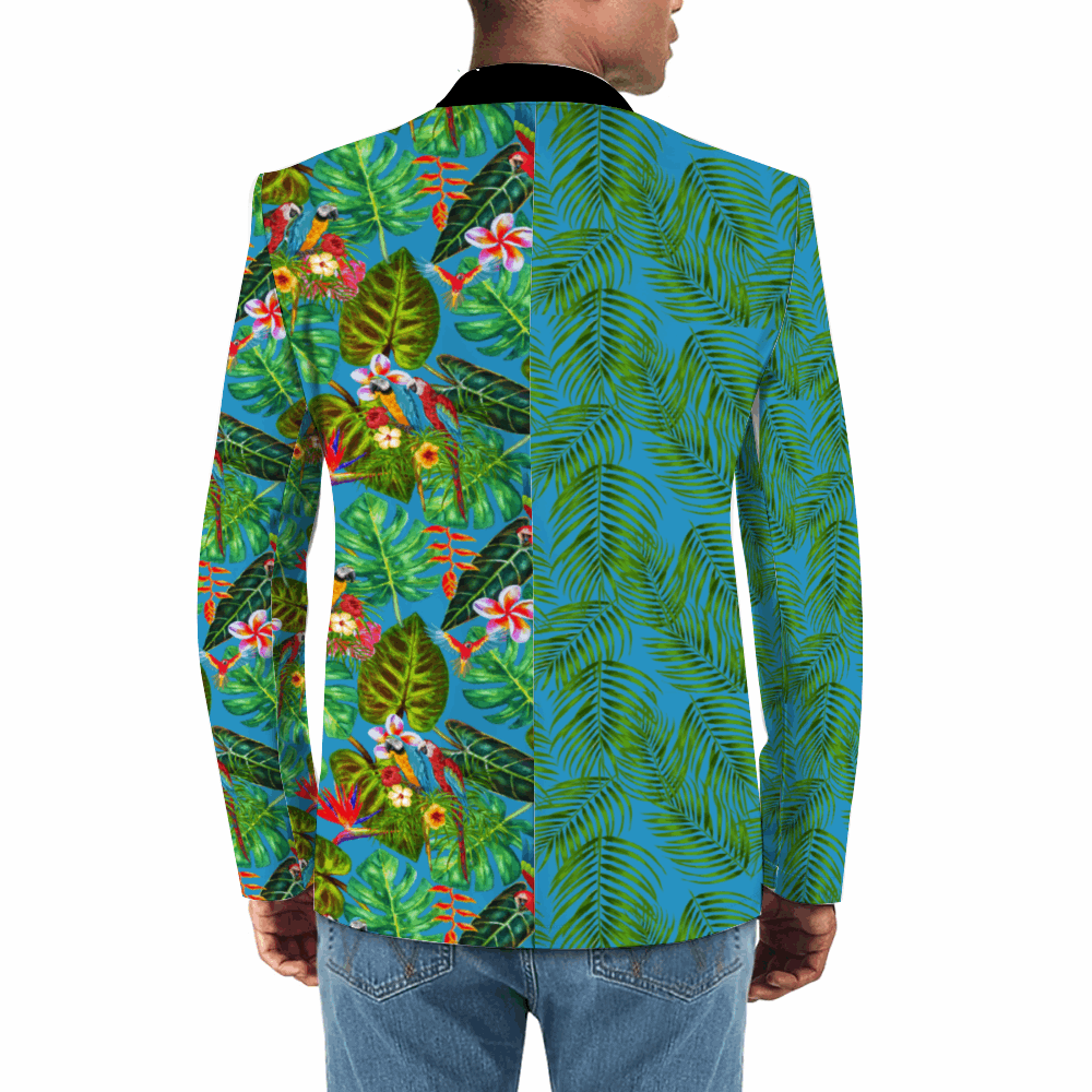 Rogue & Co. Men's Mismatch Casual Blazer - Tropicana featuring split design with palm leaves on blue background on one side and tropical foliage with birds on the other, complemented by black lapel, shown from back view