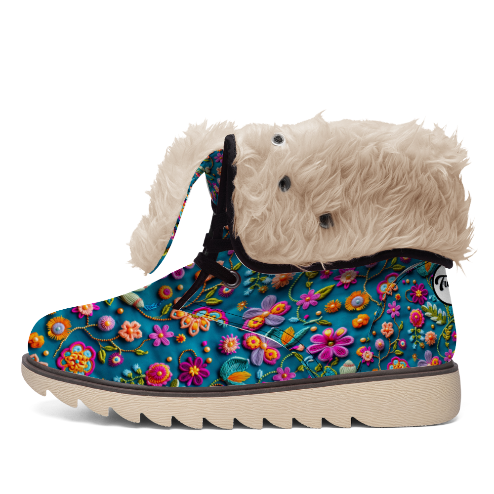 "Stylish Treadz Winter Boots - Petal Pop by ShitHot feature vibrant flower prints and luxurious velvet, perfect for winter."