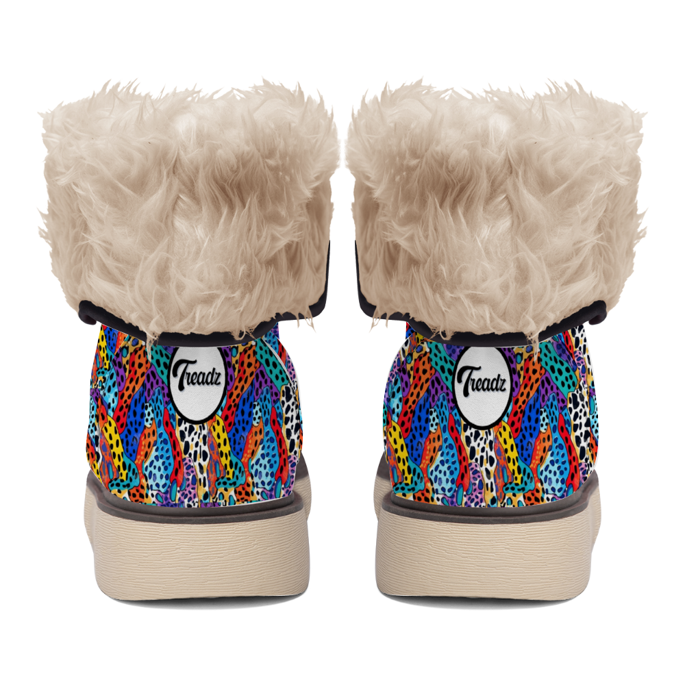 "Shop ShitHot Treadz Winter Boots - Wild Cheetah with bold neon print, luxurious velvet, and cozy fur lining."