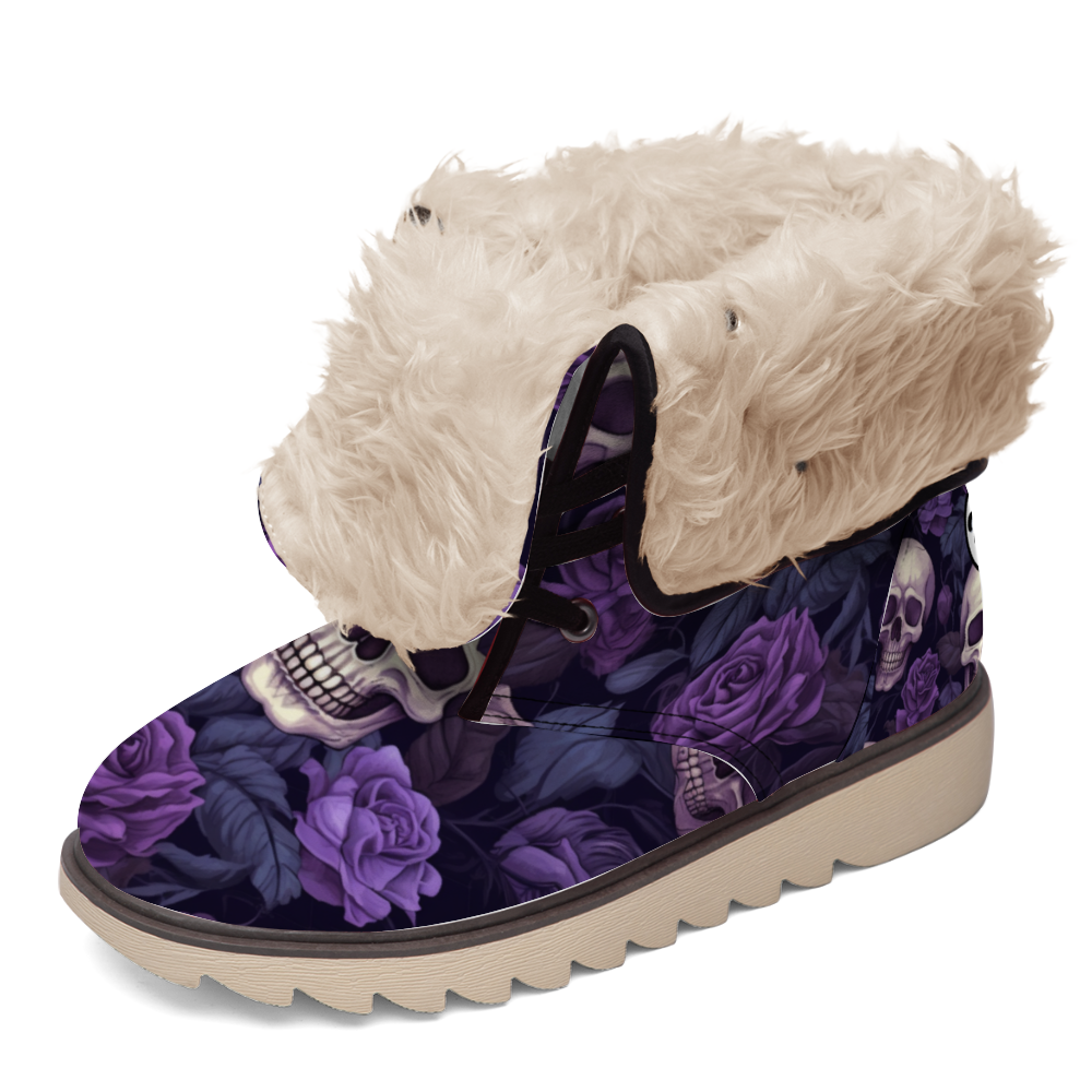 "Enchanting Treadz Winter Boots - Gothic Garden by ShitHot feature skulls and purple flowers for a gothic winter statement."