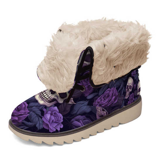 "Enchanting Treadz Winter Boots - Gothic Garden by ShitHot feature skulls and purple flowers for a gothic winter statement."