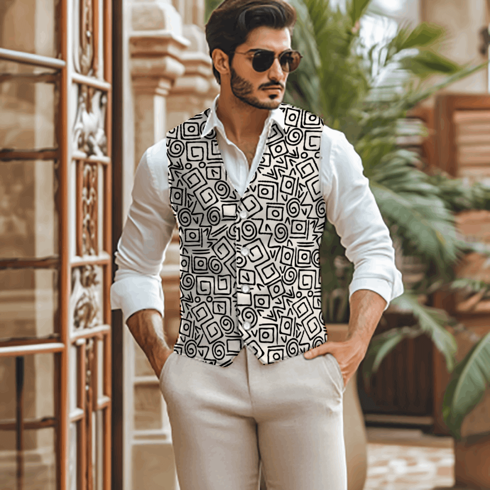 Eye-catching men's waistcoat with a unique abstract print, ideal for dressing up or down while keeping cool in summer. Theshithotcompany