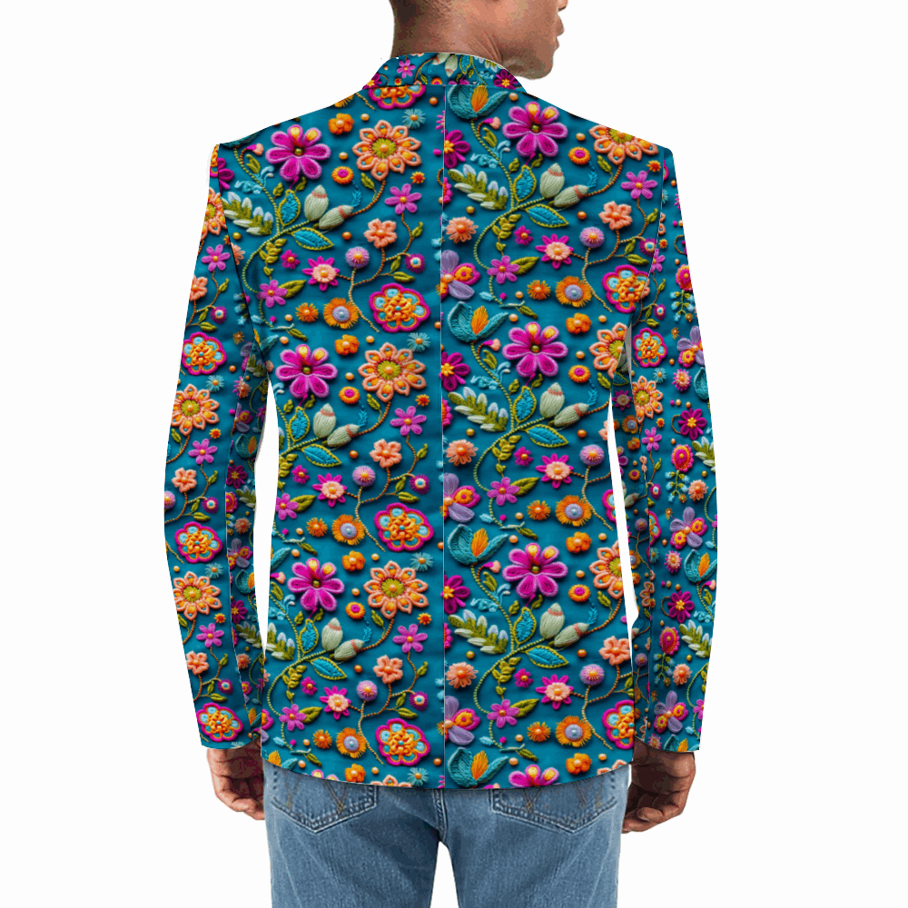 Rogue & Co. Men's Casual Blazer- Petal Pop: Vibrant floral print blazer with colorful flowers and leaves on a blue background, showcasing a bold and eye-catching design perfect for stylish casual wear.