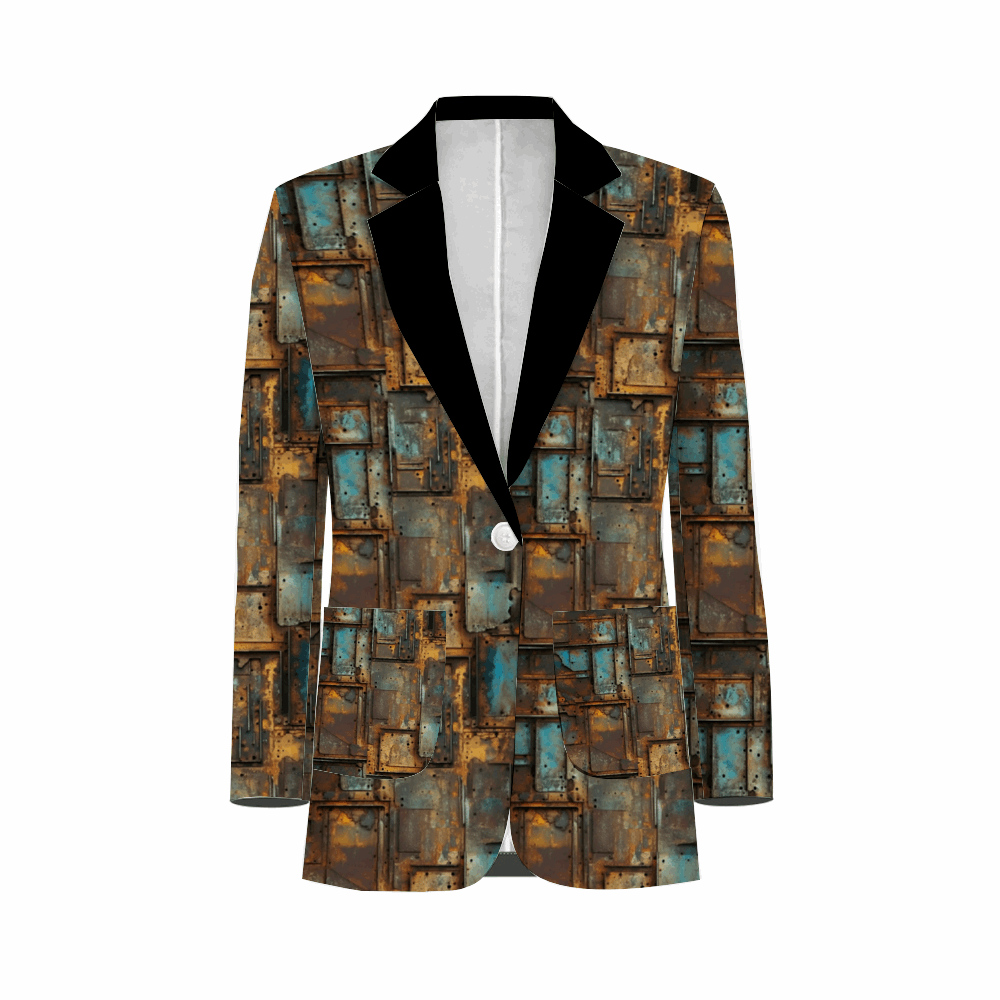 Rogue & Co. Men's Casual Blazer- Full Metal featuring unique oxidized metal-inspired print. Stylish sportscoat with black lapels and single white button. Versatile design for casual or smart-casual looks, showcasing rustic teal, brown, and orange tones in a geometric pattern.