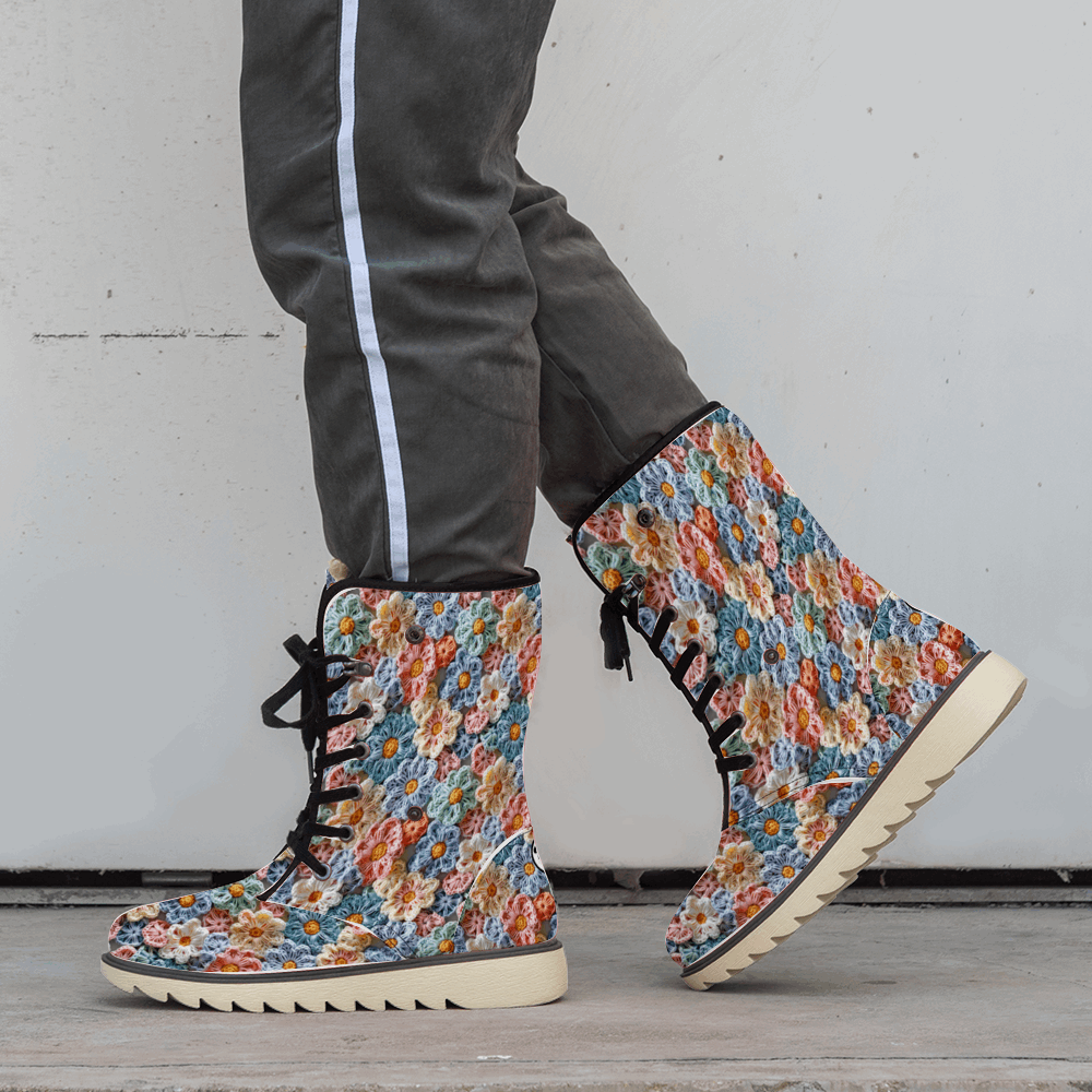 "ShitHot Treadz Winter Unisex Boots - The Posy with crochet flower design, mercerized velvet, and cozy fur lining."