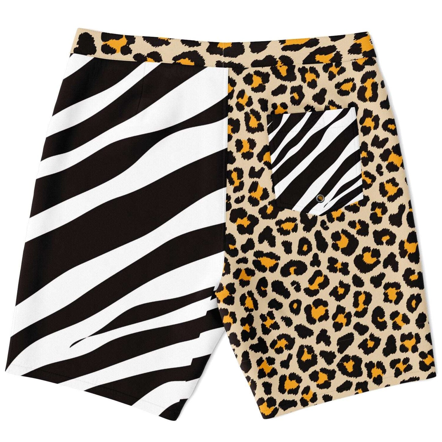 Rip Tide Men's Mismatch Board Shorts featuring split design with zebra stripes on one side and leopard print on the other, complete with mesh-lined pockets and elastic waistband with drawstring.