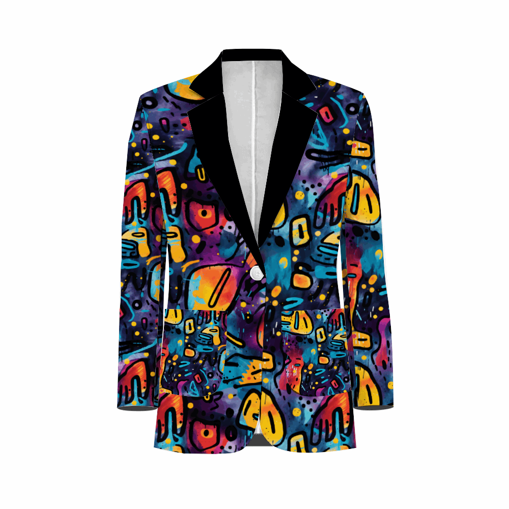 Rogue & Co. Men's Casual Blazer- Black Grunge featuring vibrant abstract graffiti pattern in blue, orange, and yellow on black background, with black lapels and structured silhouette, perfect for urban streetwear fashion