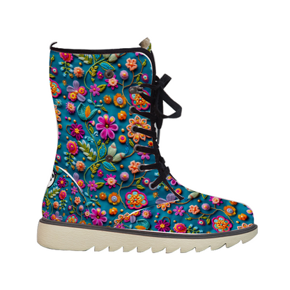 "Stylish Treadz Winter Boots - Petal Pop by ShitHot feature vibrant flower prints and luxurious velvet, perfect for winter."