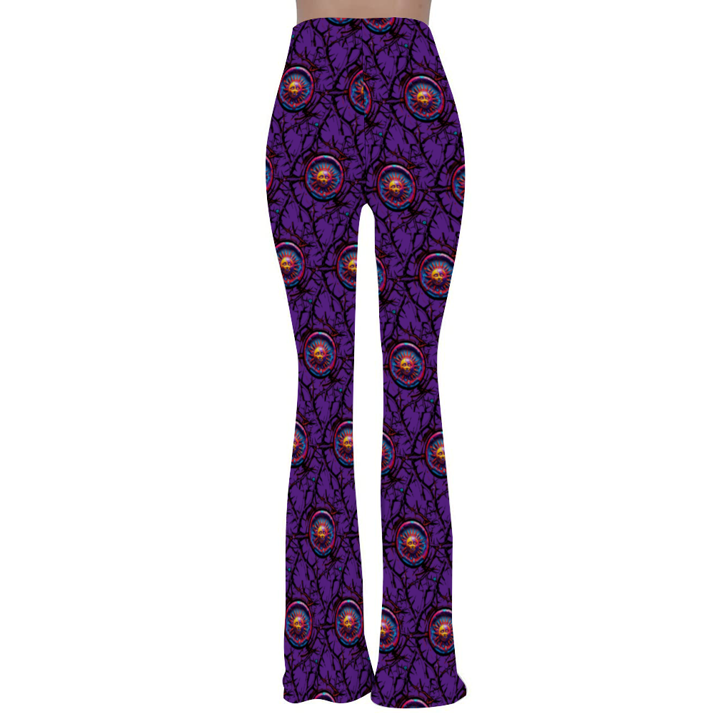 Stretch Bell Bottom Flare - Lunar Anarchy Purple pants featuring high-waisted design with vibrant purple background and repeating ornate circular medallion pattern in orange and black. Bell-bottom style with fitted waist and flared legs showing all-over print design.