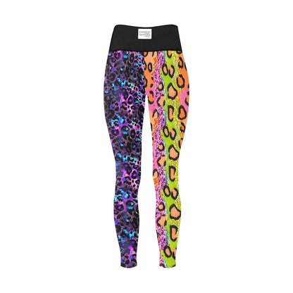 High Waisted Mismatch Core FX Leggings in Modern Leopard print featuring split design with vibrant galaxy blue leopard pattern on left leg and neon orange-yellow leopard print on right leg, complete with black elastic waistband.