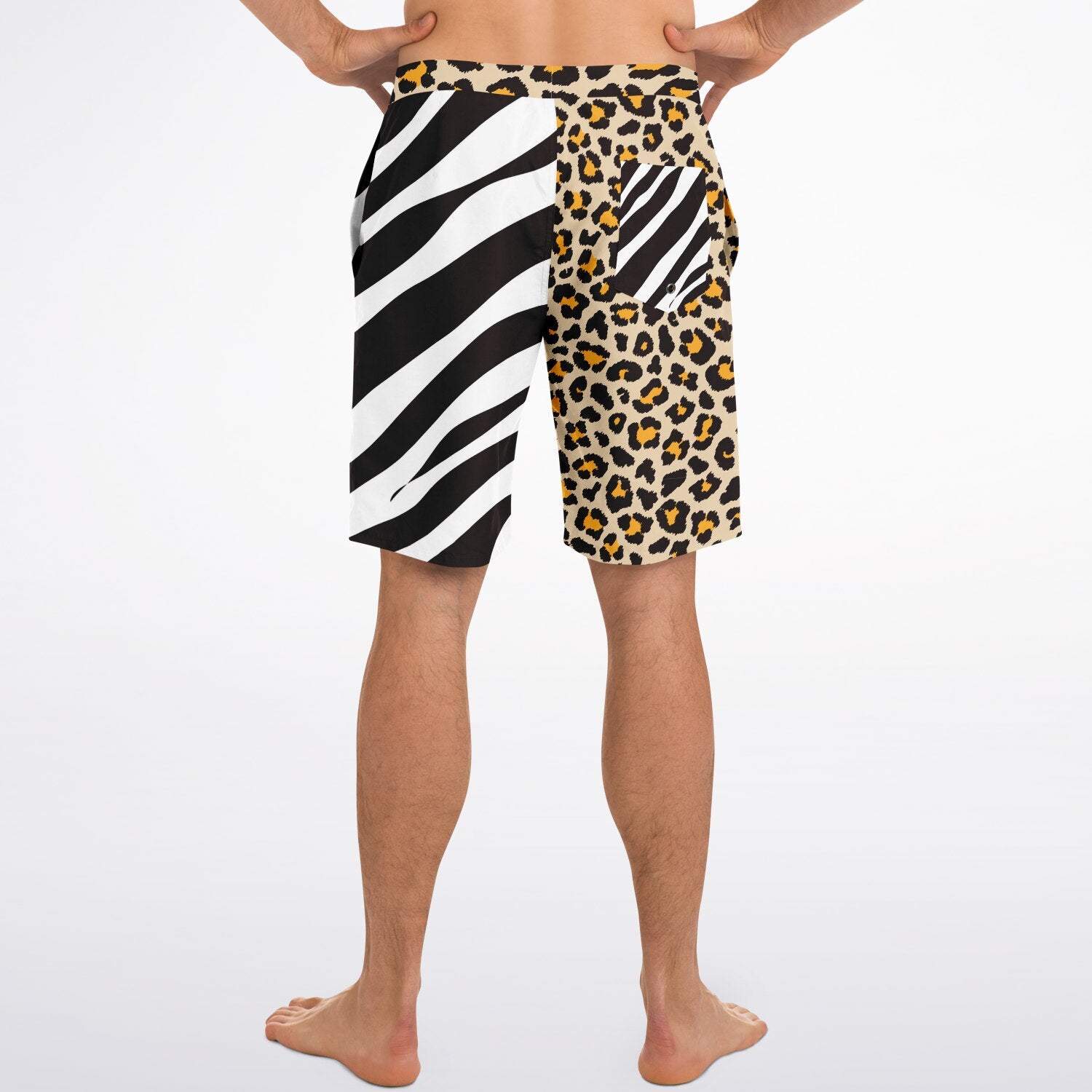 Rip Tide Men's Mismatch Board Shorts - Safari featuring unique split design with zebra stripes on left leg and leopard print on right leg, elastic waistband with drawstring, and mesh-lined pockets, perfect for beach and pool wear