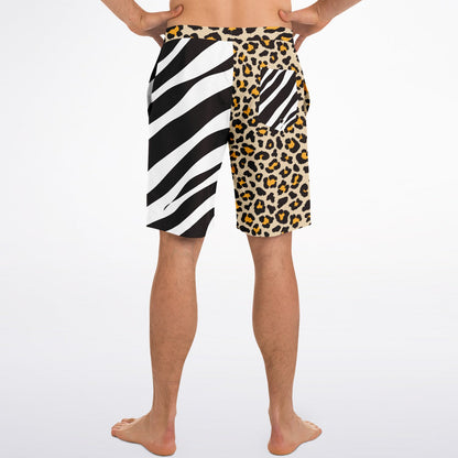 Rip Tide Men's Mismatch Board Shorts - Safari featuring unique split design with zebra stripes on left leg and leopard print on right leg, elastic waistband with drawstring, and mesh-lined pockets, perfect for beach and pool wear