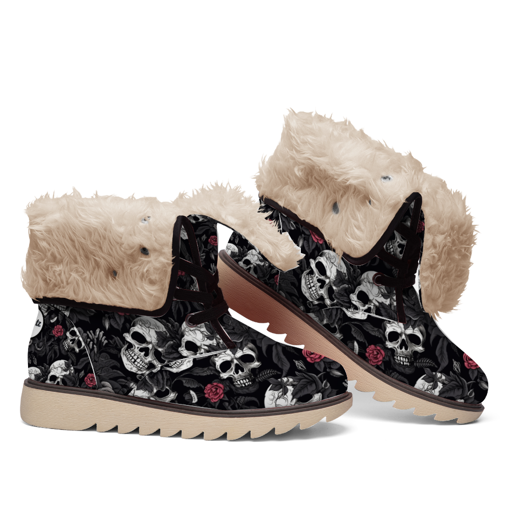 "Bold Treadz Winter Boots - Skull Rebel by ShitHot showcase striking skull and rose designs, ideal for edgy winter style."