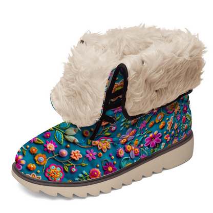 "Stylish Treadz Winter Boots - Petal Pop by ShitHot feature vibrant flower prints and luxurious velvet, perfect for winter."