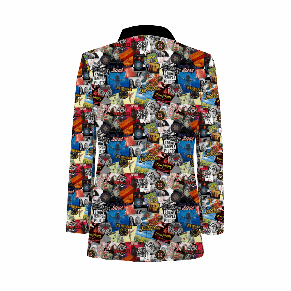 Rogue & Co. Men's Casual Blazer- Sound Tapestry featuring vibrant collage of rock and metal album covers, band logos, and music imagery on a stylish blazer with black collar, perfect for music enthusiasts and casual fashion lovers