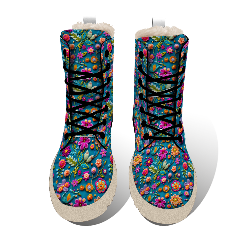 "Stylish Treadz Winter Boots - Petal Pop by ShitHot feature vibrant flower prints and luxurious velvet, perfect for winter."