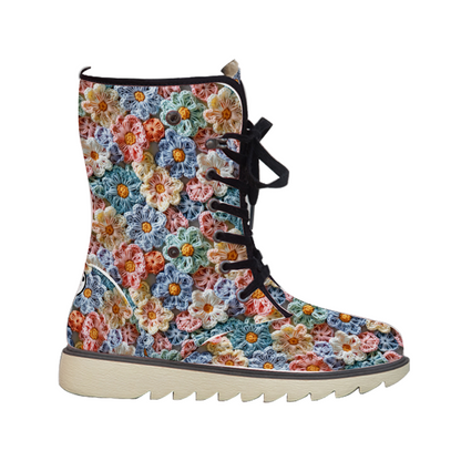 "ShitHot Treadz Winter Unisex Boots - The Posy with crochet flower design, mercerized velvet, and cozy fur lining."